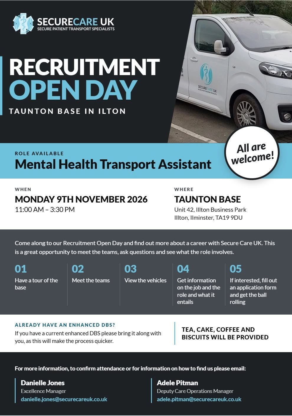 Recruitment open day poster: Mental Health Transport Assistant roles, Monday 9 November 2026, 11:00am to 3:30pm, at our Taunton base, Unit 42, Ilton Business Park, Ilton, Ilminster TA19 9DU. All are welcome.